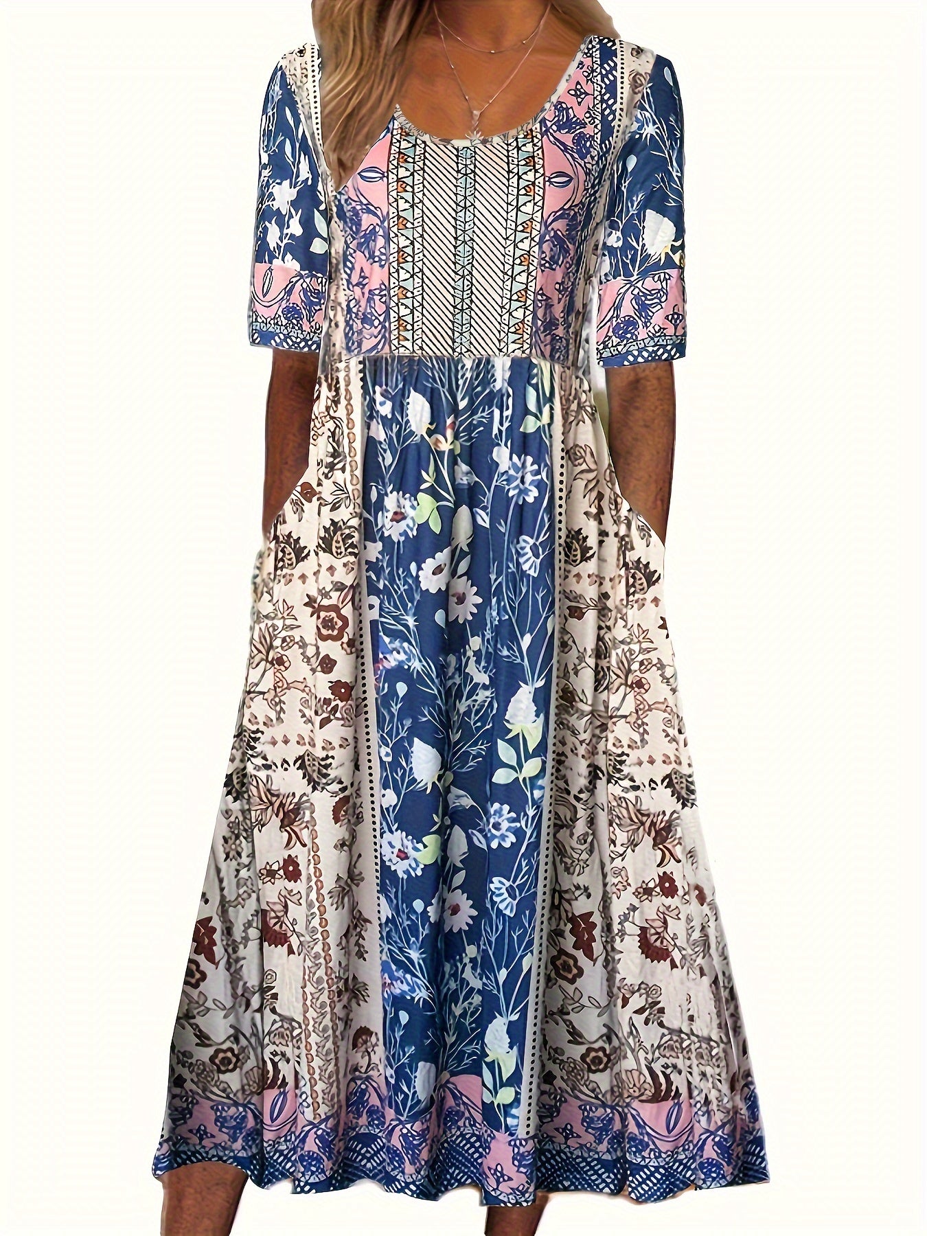  Boho Dress Colorblock Floral Print Maxi Dress With Pockets