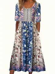  Boho Dress Colorblock Floral Print Maxi Dress With Pockets