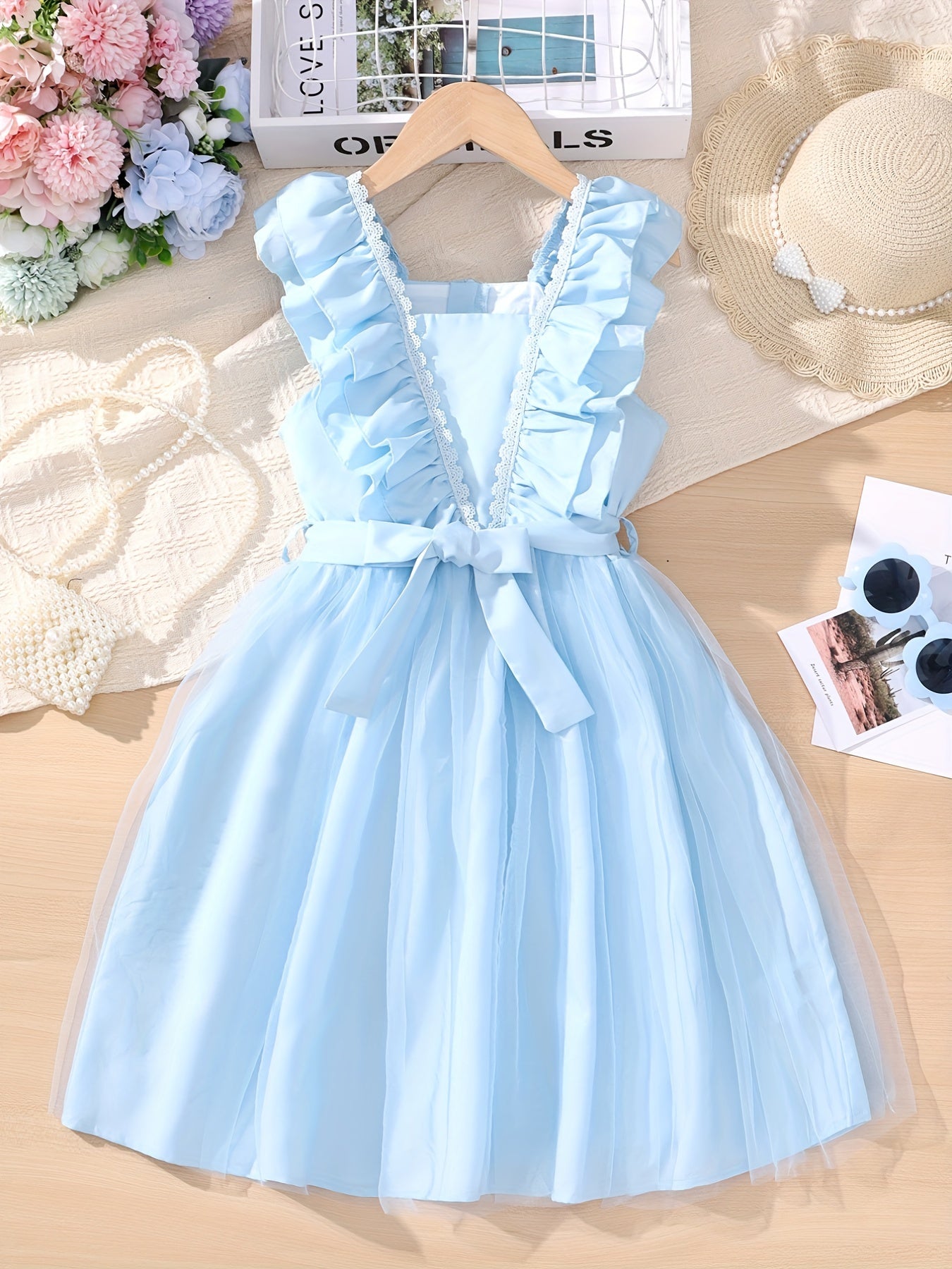 Girls' Square Neck Ruffle Sleeveless Tunic Dress For Casual Daily