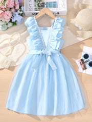 Girls' Square Neck Ruffle Sleeveless Tunic Dress For Casual Daily