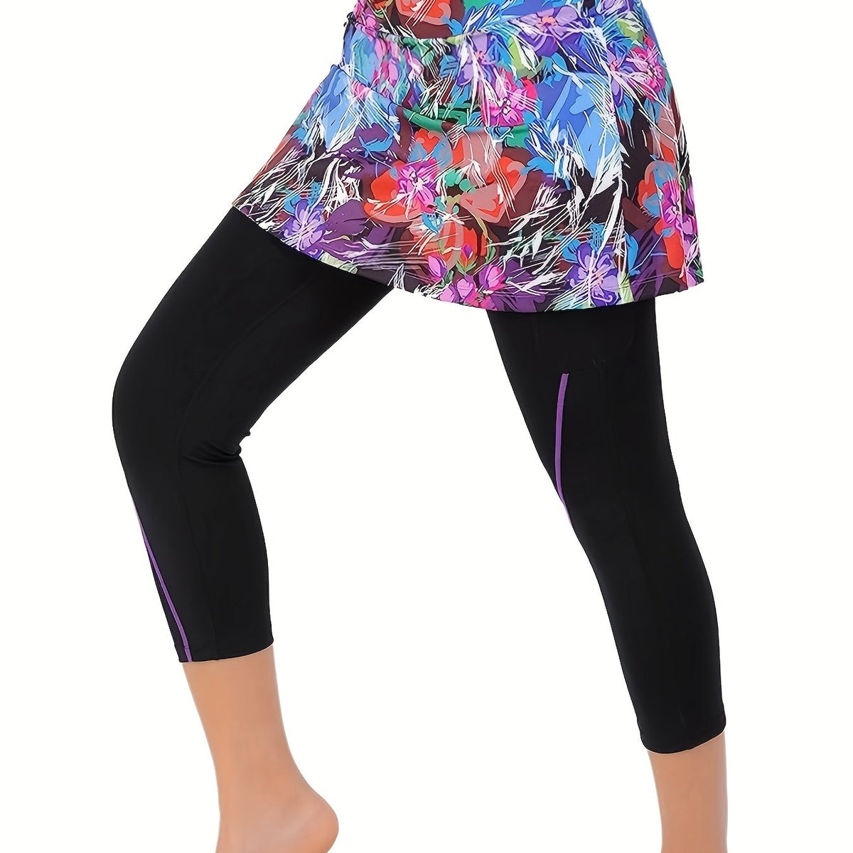 Floral Print Plus Size Sports Skort High Stretch Sports Skirt Leggings