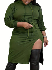  High Split Hoodie Drawstring Tie Waist Sweatshirt Dress
