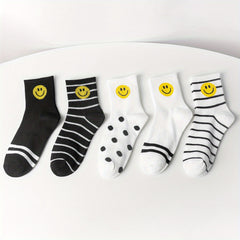 5 Pairs Smiling Face Print Socks Mid Tube Women's Stockings