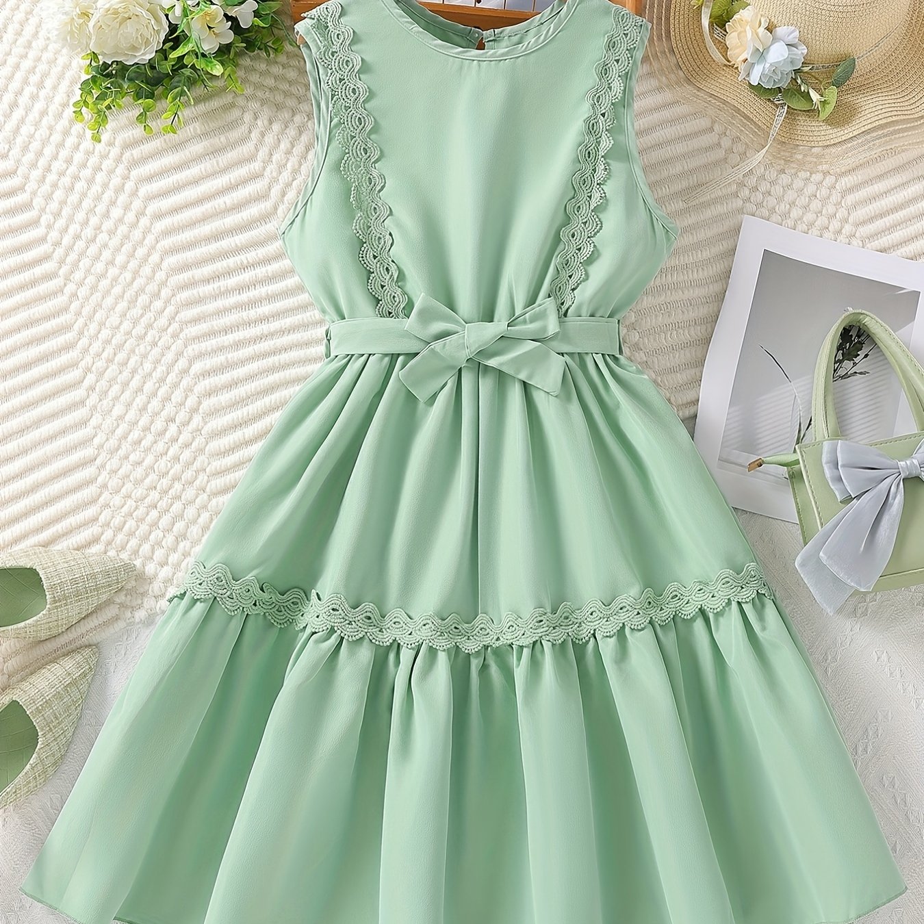 Girls' Lace Applique Sleeveless Tunic Dress Casual Party Vacation Kids Clothing