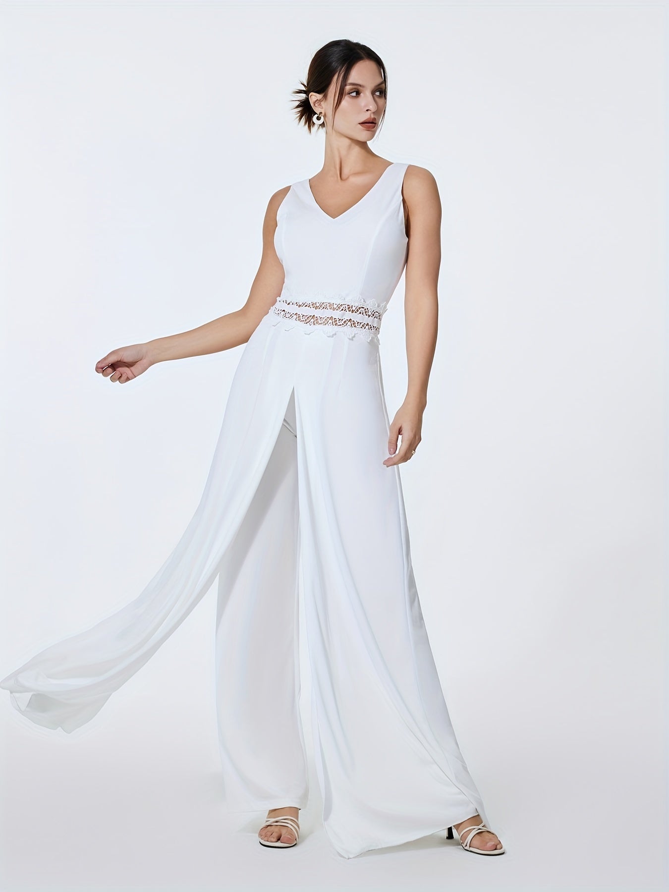 Sleeveless Jumpsuit with Overskirts Casual V Neck Lace Splicing Long Length