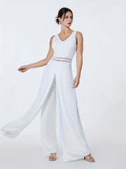 Sleeveless Jumpsuit with Overskirts Casual V Neck Lace Splicing Long Length