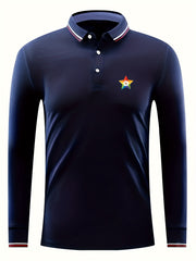 Men's Star Print Polo Shirt Casual Long Sleeve Button Up Shirt