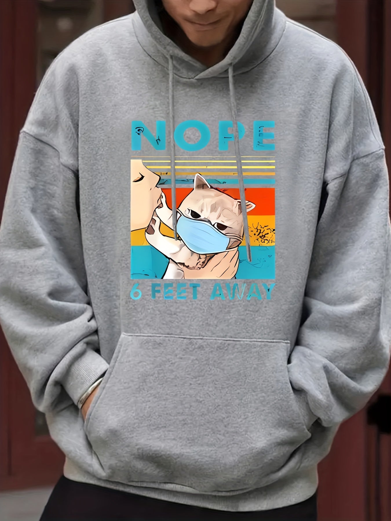 Men's Cartoon Cat & NOPE Print Hooded Sweatshirt Long Sleeve Drawstrings