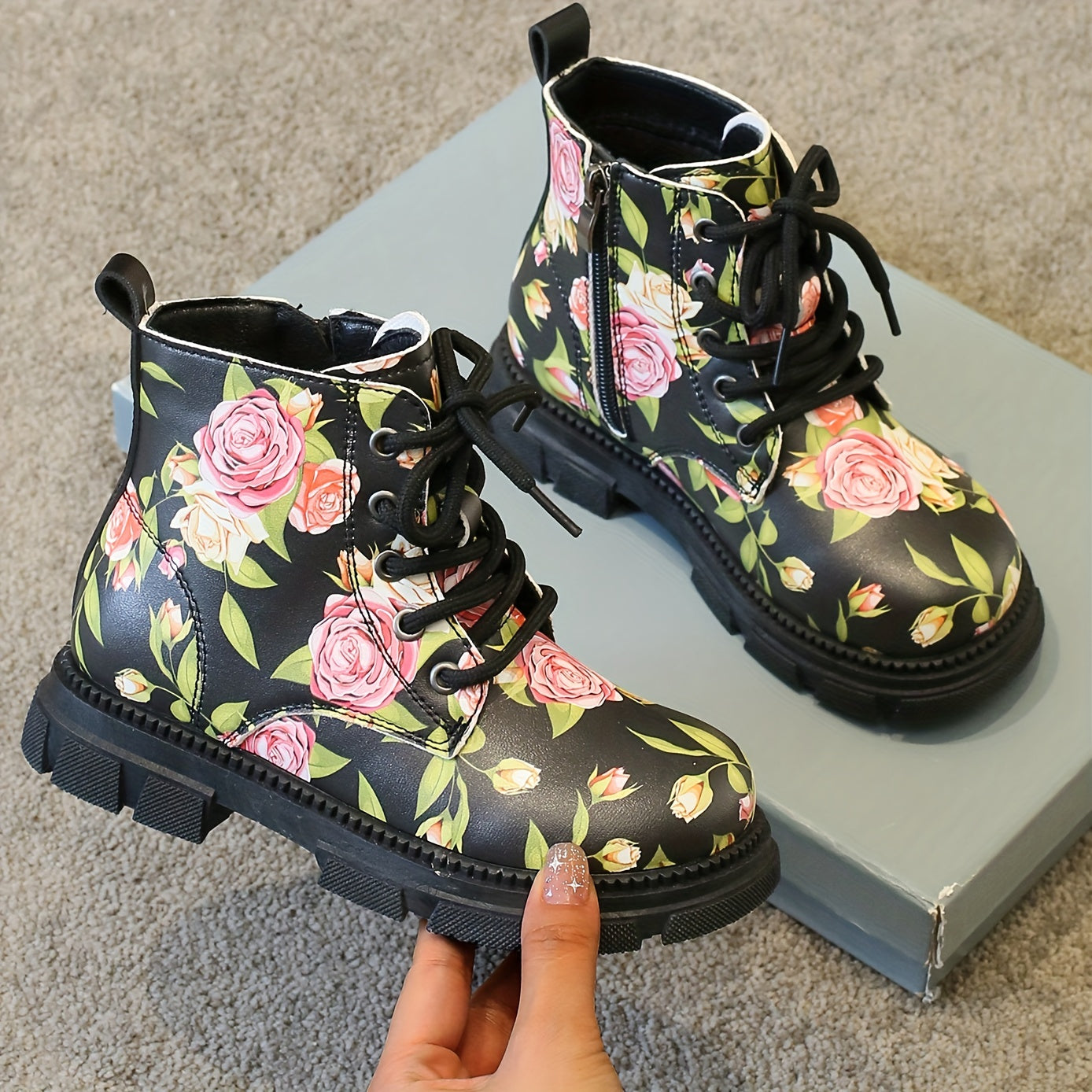 Girls Flower Print Lace Up Boots, Non Slip & Comfortable