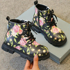 Girls Flower Print Lace Up Boots, Non Slip & Comfortable