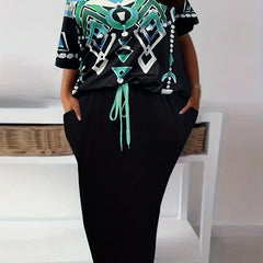  Boho Outfits Set Geo Print One Shoulder Top & Drawstring Skirt