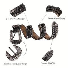 Men's Rhinestone Skull Belt Western Punk Leather Strap Crystal Buckle