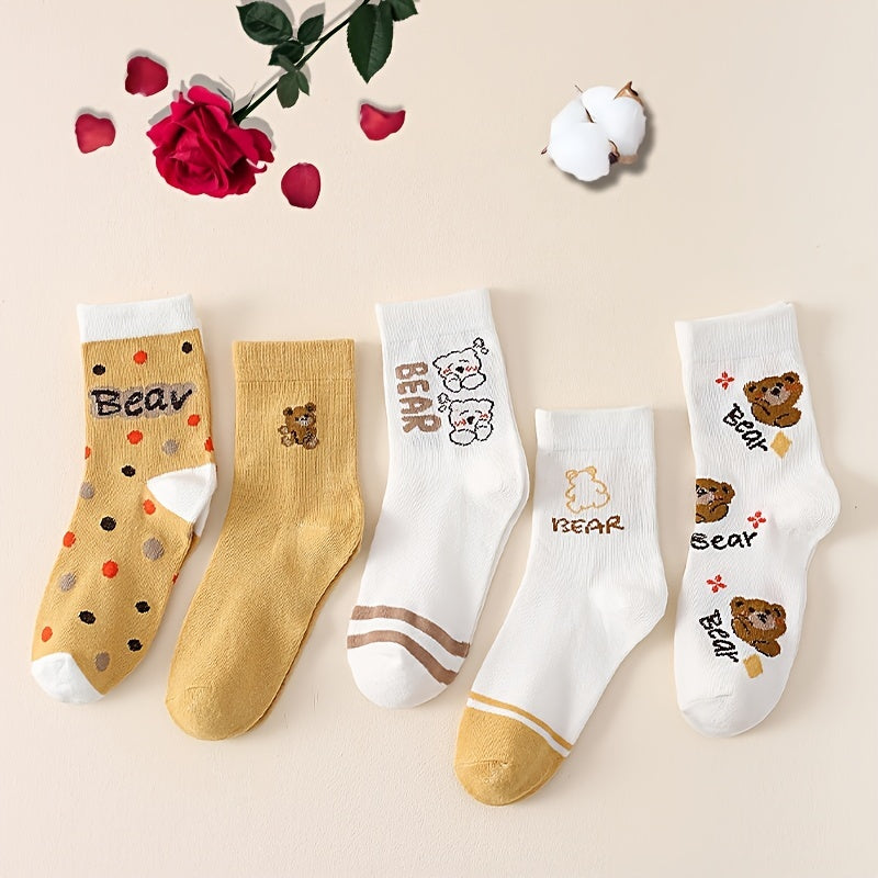 5 Pairs Bear Print Socks, Comfy & Mid Tube, Women's Stockings & Hosiery