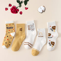5 Pairs Bear Print Socks, Comfy & Mid Tube, Women's Stockings & Hosiery