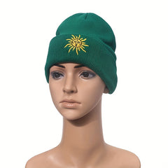 Boho Sun Embroidery Beanie Dark Green Vintage Elastic Knit Hat