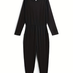 Solid Cinched Waist Jumpsuit Casual Long Sleeve Jumpsuit For Spring & Fall