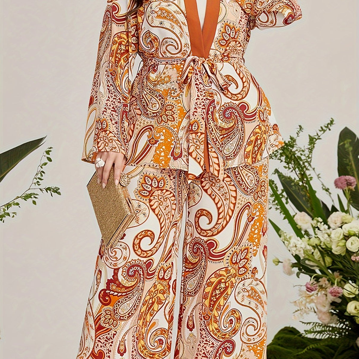 Women's Plus Paisley Print Long Sleeve Cardigan & Wide Leg Pants 2 Piece Set