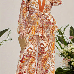 Women's Plus Paisley Print Long Sleeve Cardigan & Wide Leg Pants 2 Piece Set