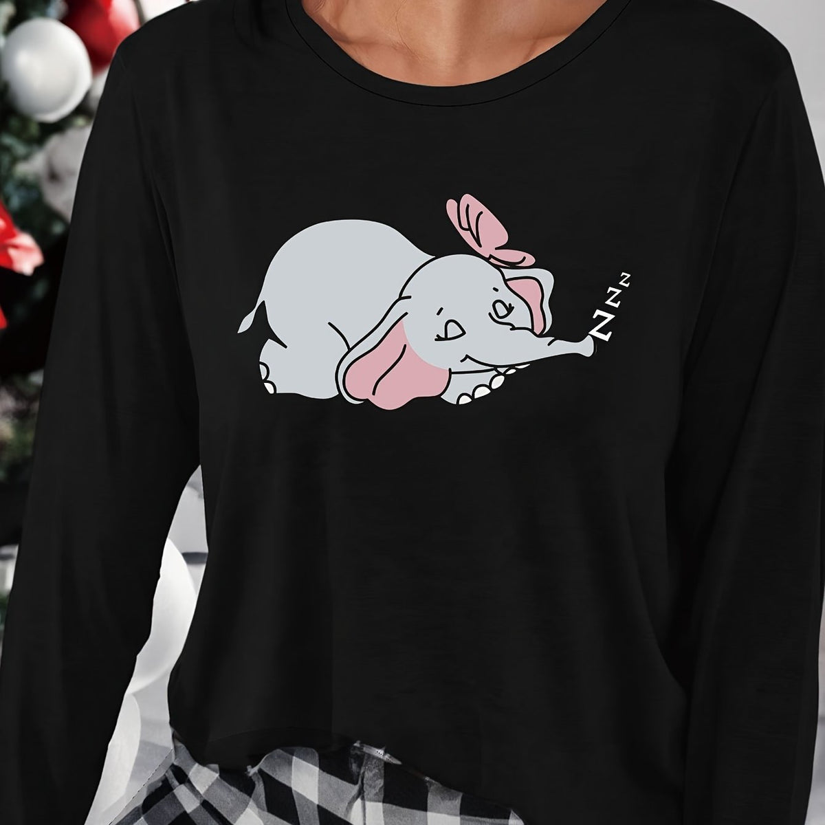 Elephant Print Lounge Top Long Sleeve Crew Neck Women's Pajama
