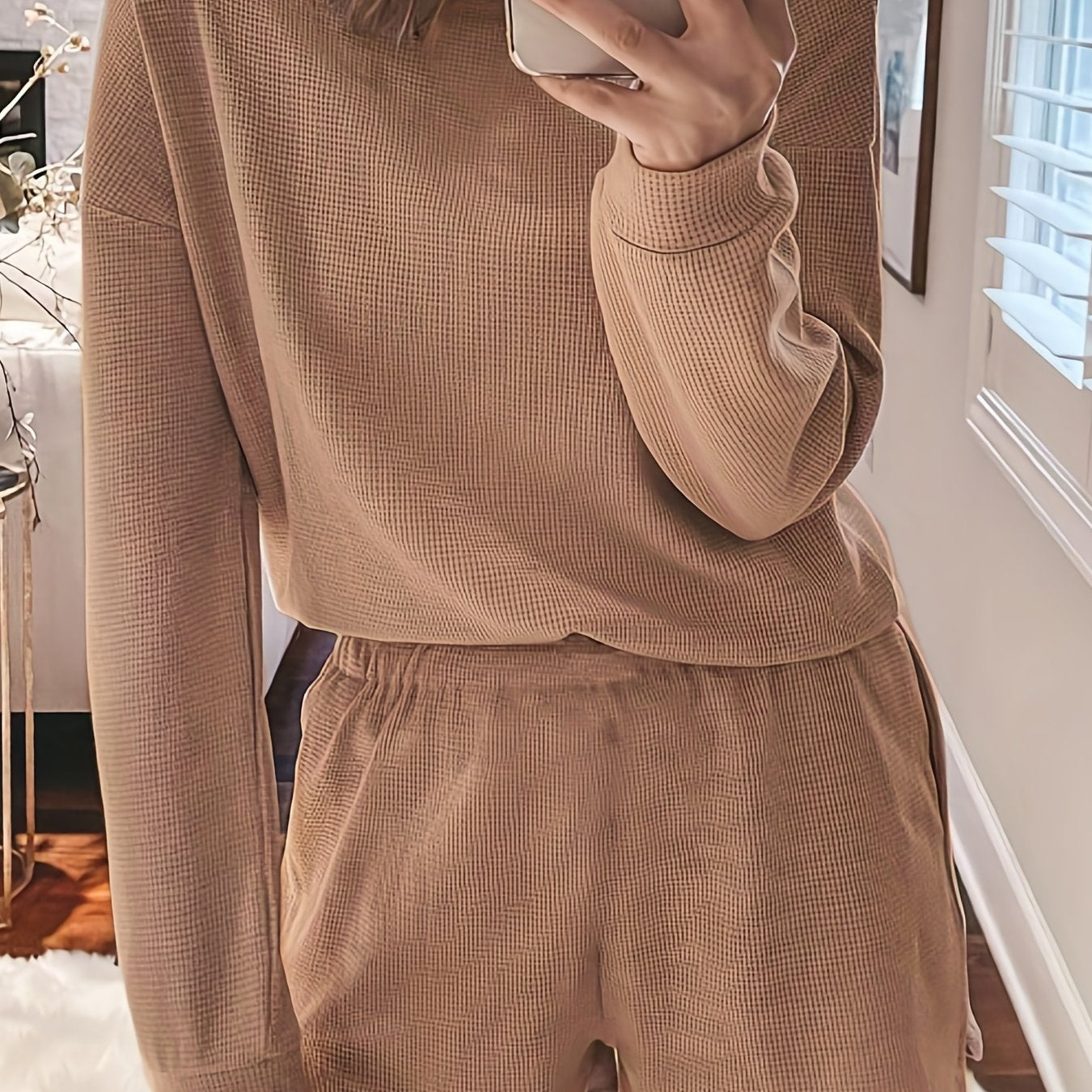 Women's Plus Waffle Knit Long Sleeve Top & Shorts Set