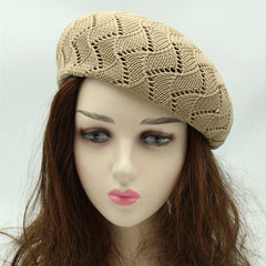 Striped Knitted Beret Beige Vintage Painter Cap Octagonal Hat