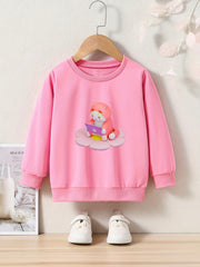 Cartoon Cat Print Girls Pullover Sweatshirt Long Sleeve Crew Neck Tops