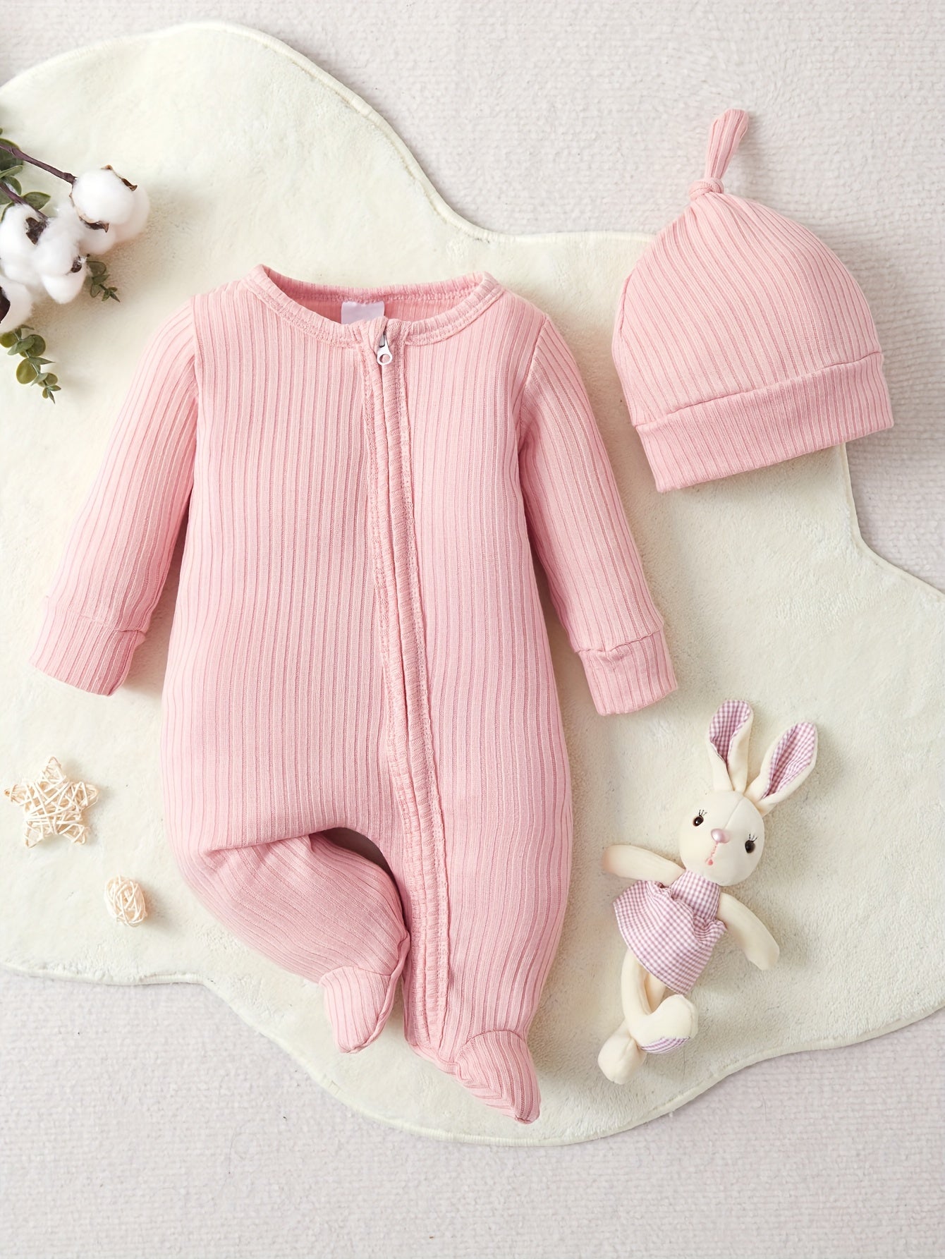 2pcs Baby Unisex Zipper Romper & Hat Set