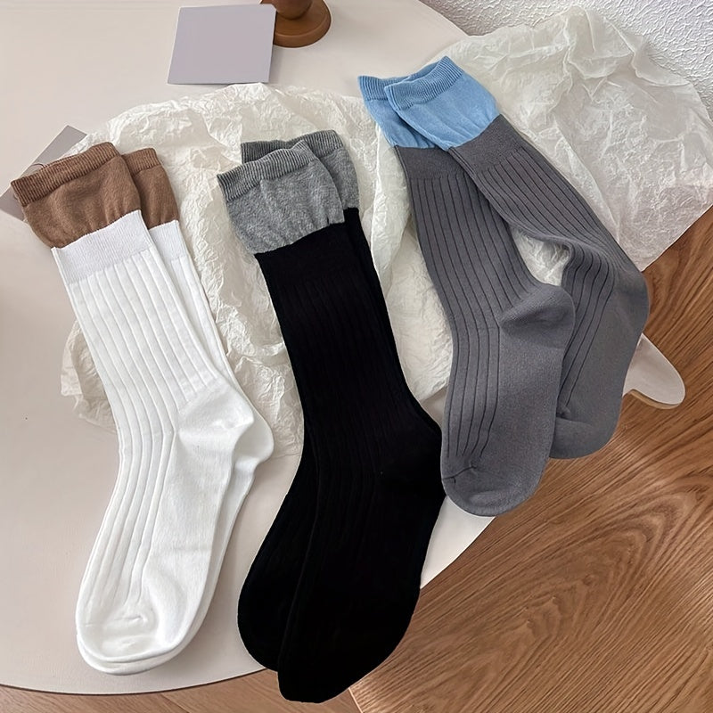 3 Pairs Colorblock Crew Socks Women's Stockings