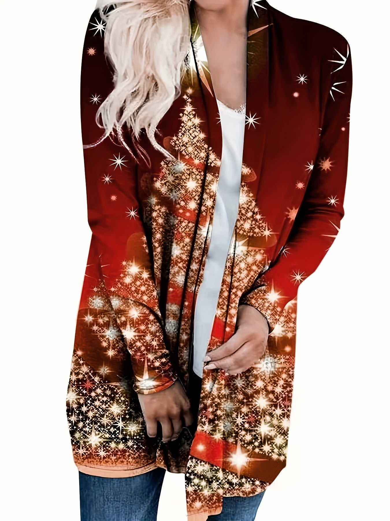  Christmas Cardigan Women's Tree Print Open Front Cardigan