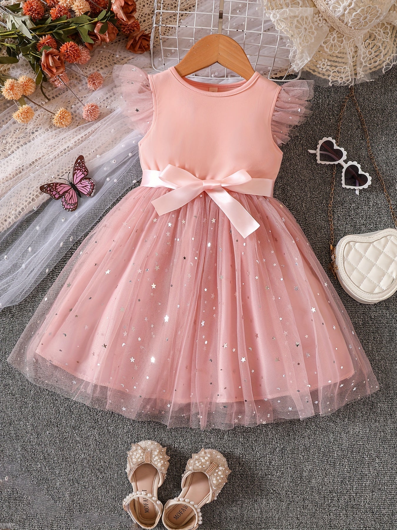 Girls Ruffled Sleeves Stars Mesh Princess Dress For Party