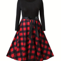  Colorblock Graphic Print Round Neck Belted Dress