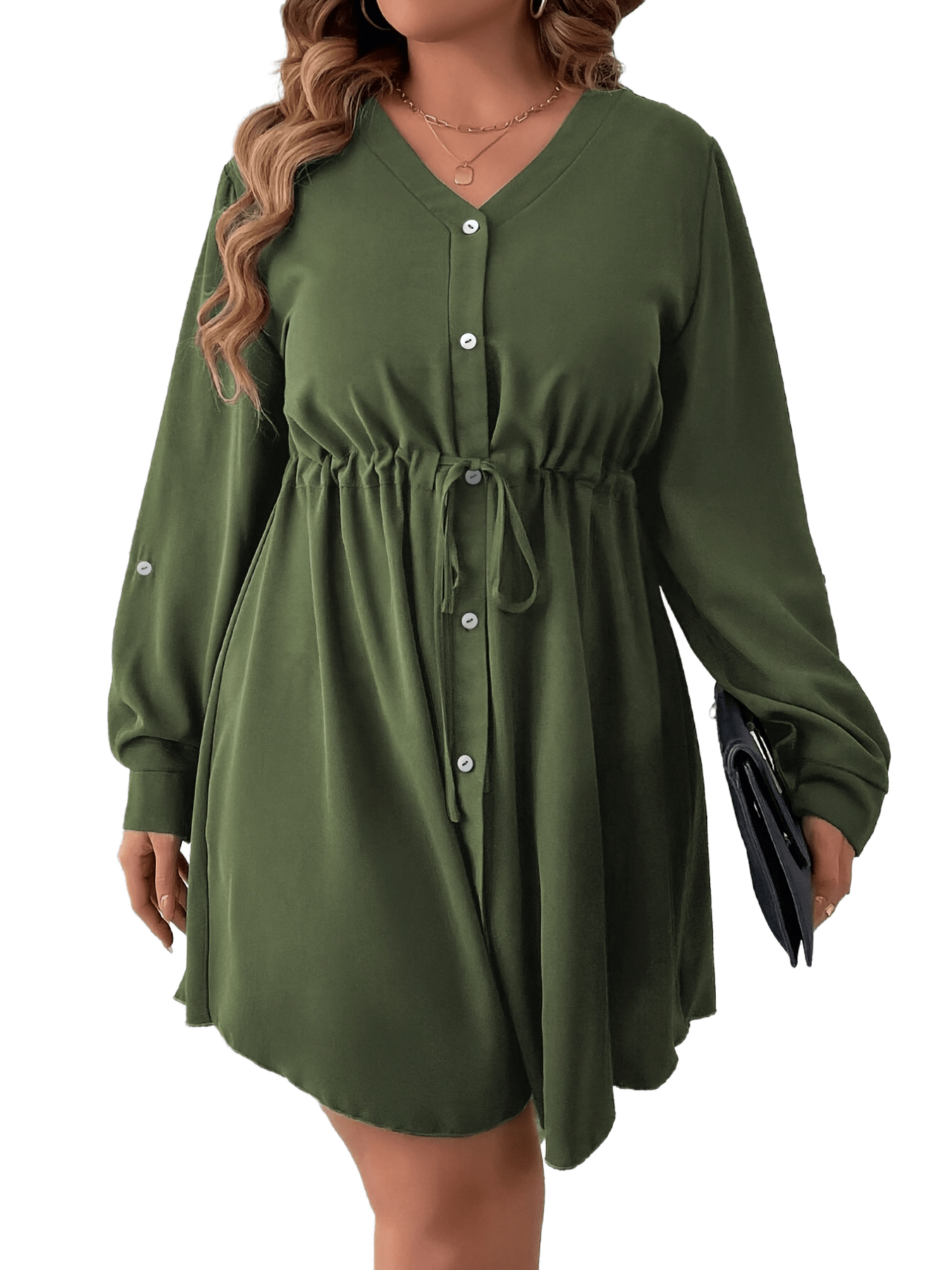  Button Front Long Sleeve Midi Dress Women's Plus