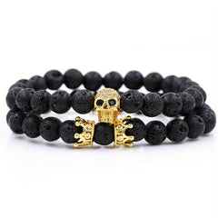 Volcanic Stone Micro Inlaid Skull Small Crown Men's Bracelet