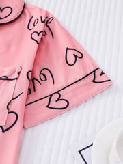 Heart Print Pajama Set Short Sleeve Buttons Top & Elastic Waistband Shorts