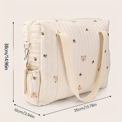 Bear Pattern Quilted Diaper Bag with Shoulder Strap & Stroller Hooks