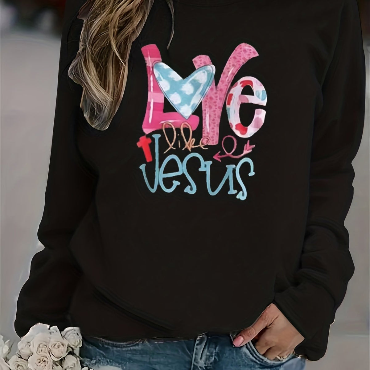 LOVE Letter Graphic Fleece Sweatshirt Round Neck Pullover Tops
