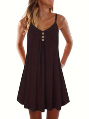  Solid Button Decor Ruched V Neck Midi Summer Dress