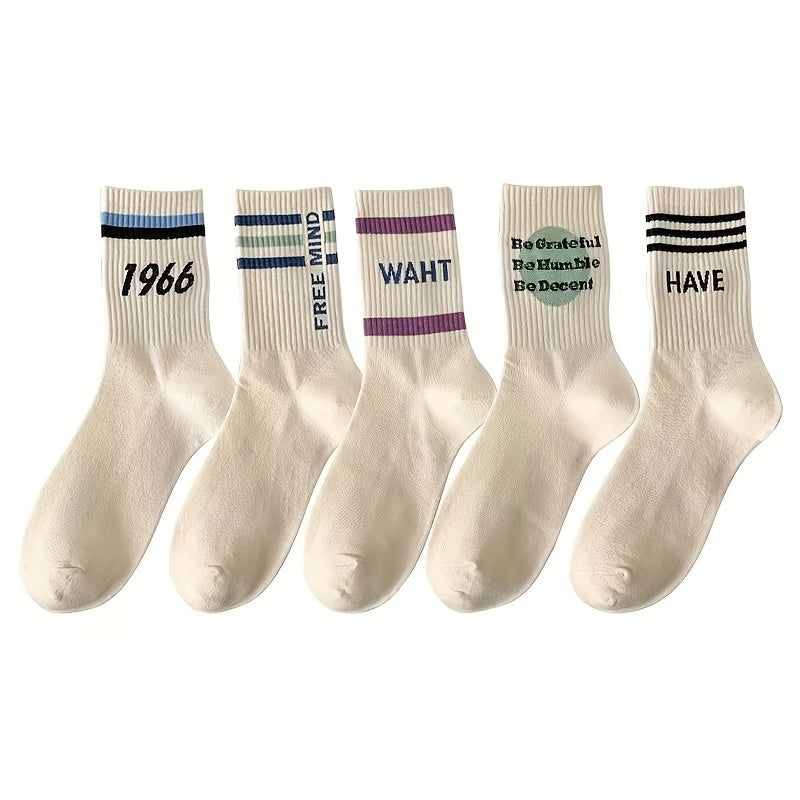 5 Pairs Letter Print Socks for Women Breathable All match Stockings