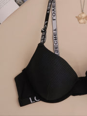 Solid Letter Tape Push Up Bra Soft Ribbed Lingerie
