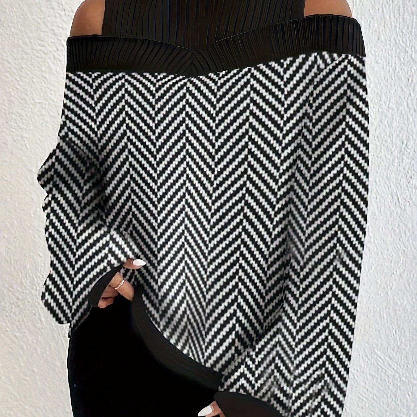  Colorblock Chevron Print Cold Shoulder Long Sleeve Jumpsuit