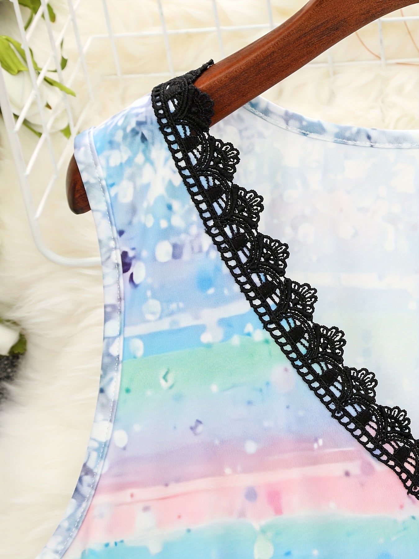 Casual Tank Top Women's Plus Painting Print Contrast Lace Trim V Neck