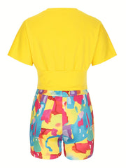  Short Sleeve Crop Top & Geometric Print Shorts Set