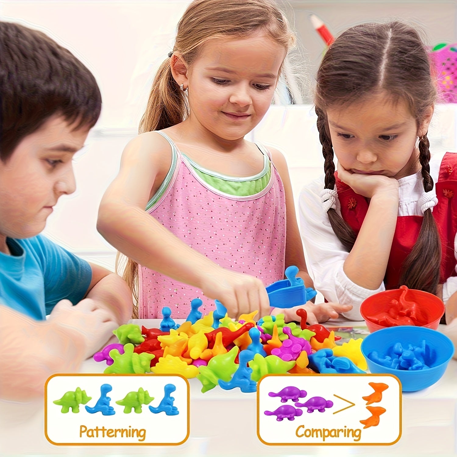 Dino Sensory Toys Set w/ Sorting Bowls & Matching Game for Toddlers