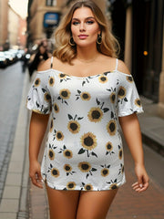  Sunflower Print Cold Shoulder Ruffle Trim T-shirt