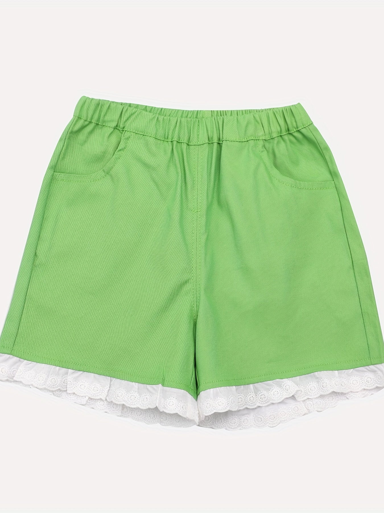 Kid Girls Casual Shorts Lace Trimming Elastic Waist Shorts With Pocket