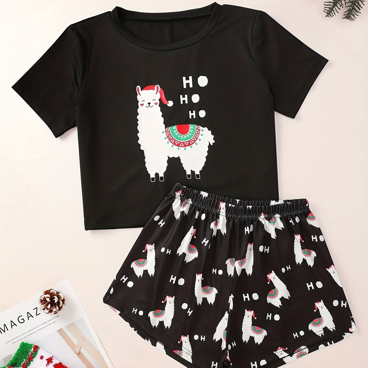 Cartoon Print Lounge Set Short Sleeve Top & Shorts Women's Loungewear