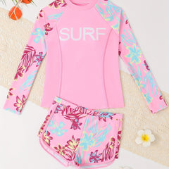 2pcs Girls Splicing Sun Protection Long Sleeve Tankini Swimwear for Summer Gift