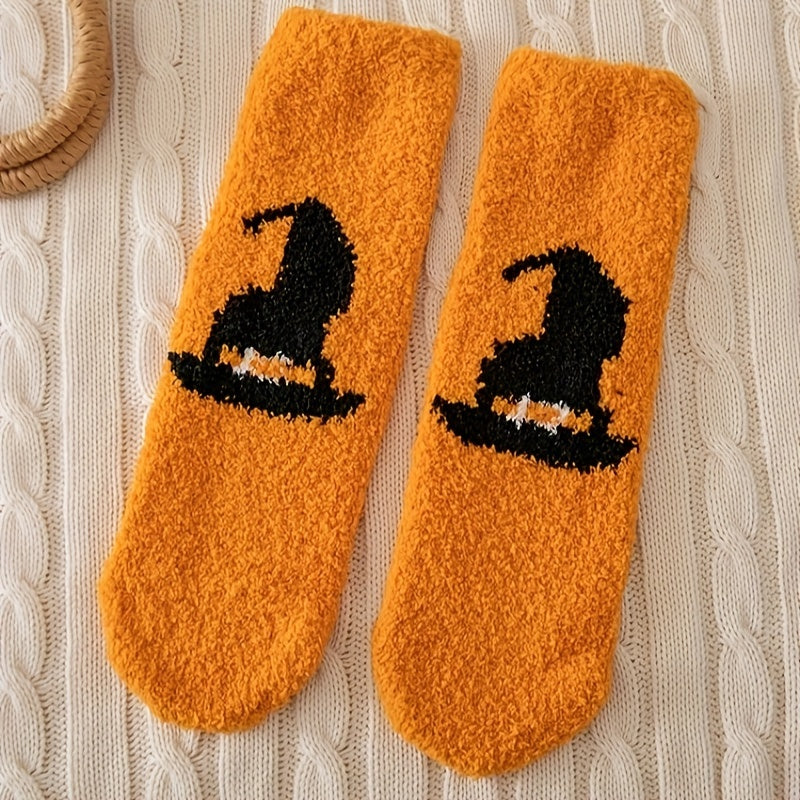 5 Pairs Cute Cartoon Print & Fuzzy Warm Halloween Socks