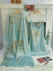 Floral Print Pajama Set & Robe Long Sleeve Sleepwear