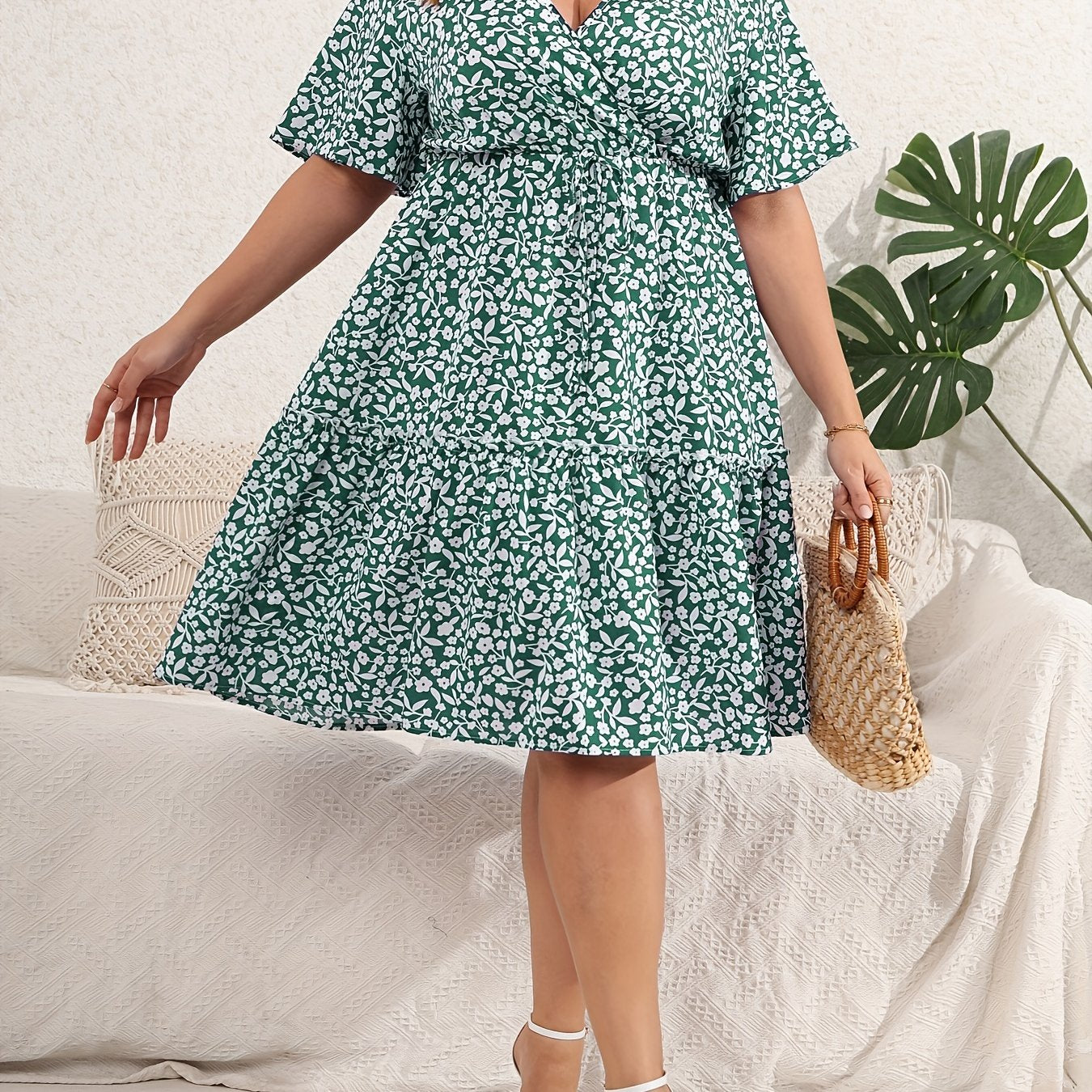  Floral Print Surplice Neck Midi Wrap Dress